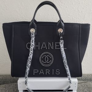 Chanel Deauville Canvas Tote Pearl Embellished Medium in Black New Condition